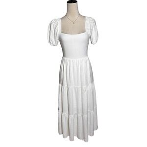 Sadie & Sage White Cottagecore Puff Sleeve‎ Tie Back Midi Dress Boho Prairie S